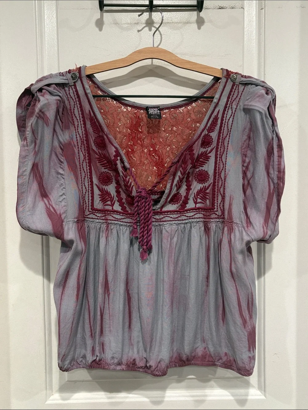 Free People Purple Tie-Dye Embroidered Puff Sleeve Blouse